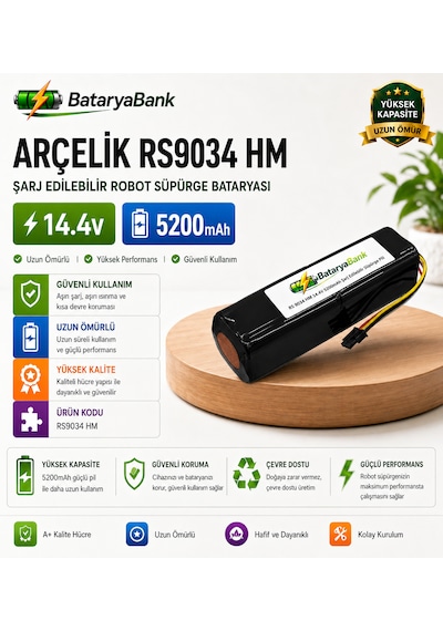 Bataryabank Arçelik Rs9034 Hm 14.4v 5200mah Şarj Edilebilir Robot Süpürge Bataryası