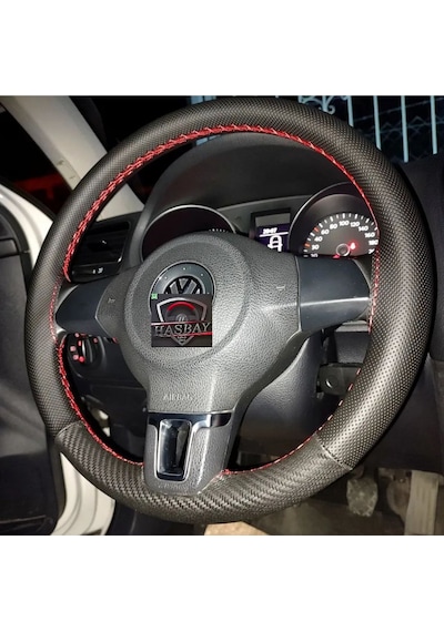 Dikişli Direksiyon Kılıfı Karbon / Nokta Deri 2 Parça Kırmızı Dikişli Vw Polo Bu Direksiyon İçin Renkli