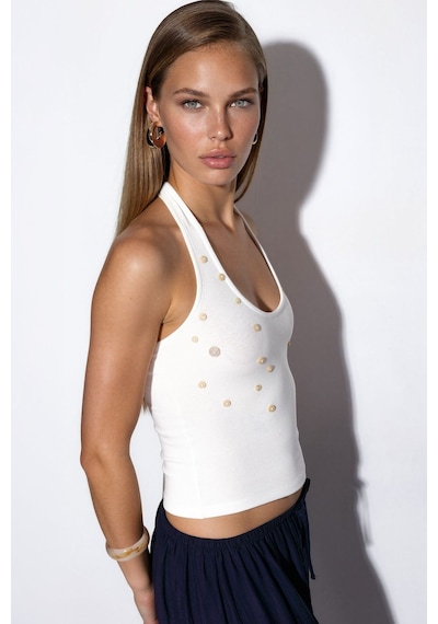 Hiccup Busem İşlemeli Slim Fit Kolsuz Bluz Beyaz