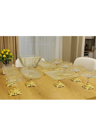 Elta Collection 10 Parca Gold Metal Ayaklı Pasta - Salata - Tatlı - Kase Ve Servis Sunum Seti Gold