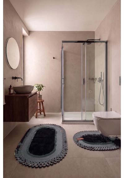 Banyo Paspası Takımı 60x100+40x60 Cm Dış Trikot Siyah & Antrasit Gri