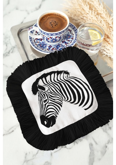 Zebra Çizgili Şık Saçaklı Sunum Peçetesi - Siyah Beyaz Safari Etnik Desenli Kahve Sunum Mendili Gece Koyu Taba