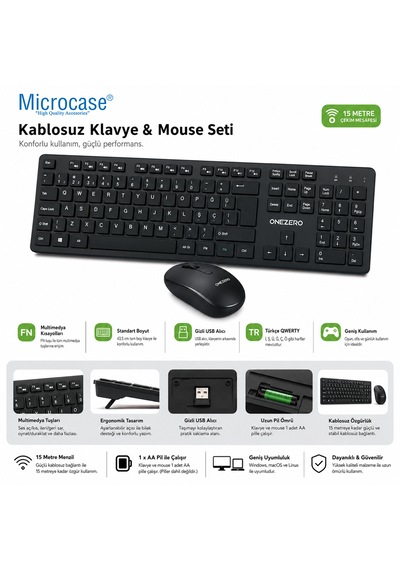 Microcase Türkçe Q Klavye 2.4g Usb Alıcılı Kablosuz Klavye Mouse Seti - Al5723 Optik