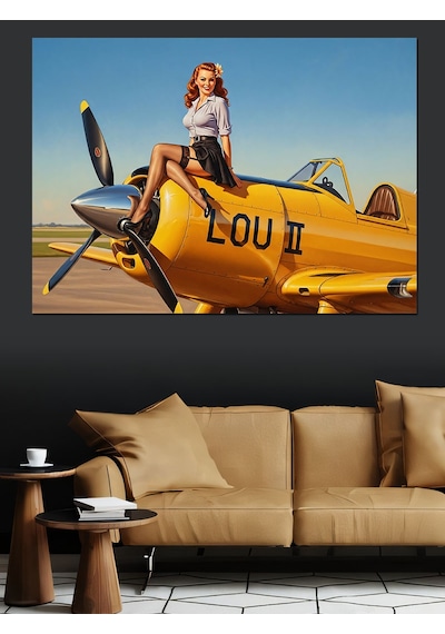 Ahşap Tablo Uçağın Kanadında Oturan Pin-up Kızı