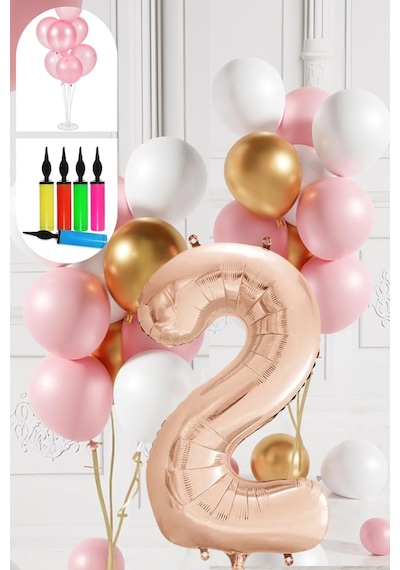 2 Yaş Balon Standlı Ve Pompalı Retro Gold Pembe Beyaz Balon Seti Rose Gold Rakamlı Süsleme Çok Renkli