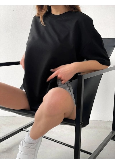 Unisex Siyah Pamuklu Oversize T-shirt - Bisiklet Yaka Siyah