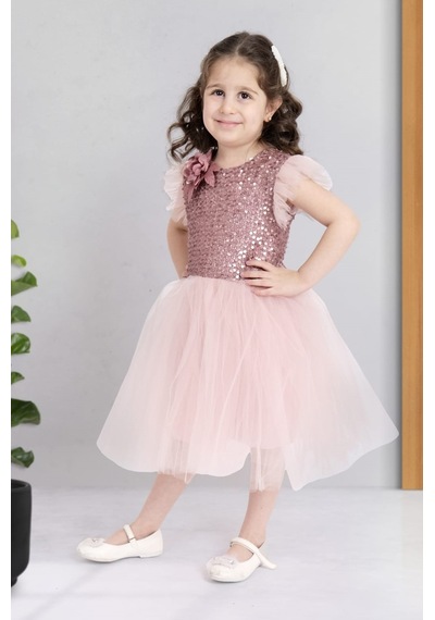 Küpeli Pul Payet Tüllü Kız Çocuk Elbise Mnk0526 001