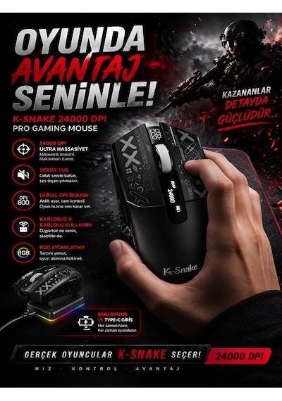 Kablosuz Oyuncu Mouse 24000 Dpı 1000hz Rgb Şarj İstasyonlu Dijital Göstergeli Gaming Mouse Siyah