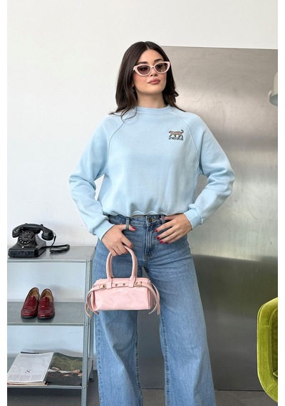 Jee Lee Kadın Bisiklet Yaka Leopar Nakışlı Sweatshirt Mavi - 27k 2712