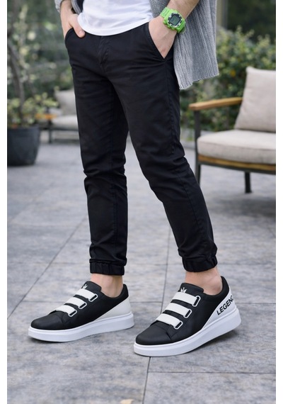 Mevese Mirox Erkek Bağcıksız 3 Bant Lastikli Günlük Sneaker Ayakkabı - Siyah Beyaz
