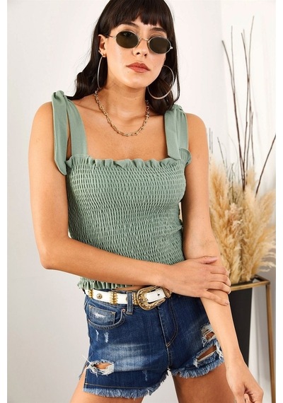 Aqe Fashion Kadın Yeşil Askılı Crop Bluz-Su Yeşili