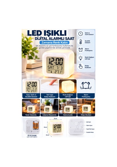 Dijital Ekranlı Küp Saat Led Işıklı Alarm Ve Sıcaklık Göstergeli . 45480670