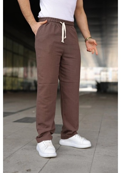 Defymoda Erkek İthal Yıkamalı Keten Pantolon Kahverengi