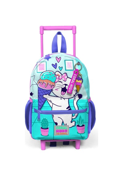 Minik Yuva Çekçekli Sırt Çantası Turkuaz Pembe Dondurmalı Kedi Desenli İki Bölmeli 24051