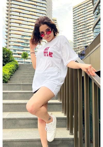 Startmore Oversize Hey It's Me Baskılı Garalio T-shirt Beyaz