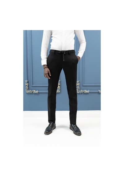 Ecer Regular Fit Armürlü Beli İplikli Astarsız Rayon Kışlık Kumaş Pantolon Siyah