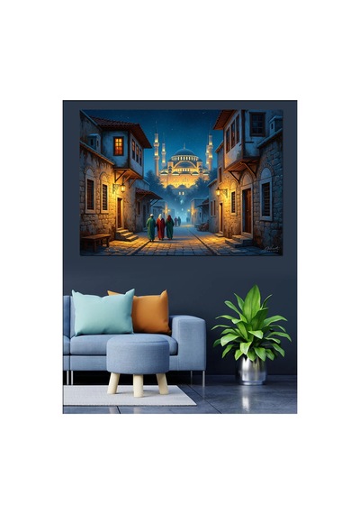 Gece Işıklarıyla Aydınlanmış Eski Sokak Yağlı Boya Dokulu Kanvas Tablo Canvas Tablosu