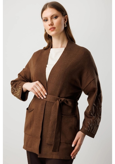 On Fashion Kadın Kolları Taşlı Kuşaklı Triko Kahverengi Hırka 60902 Kahve