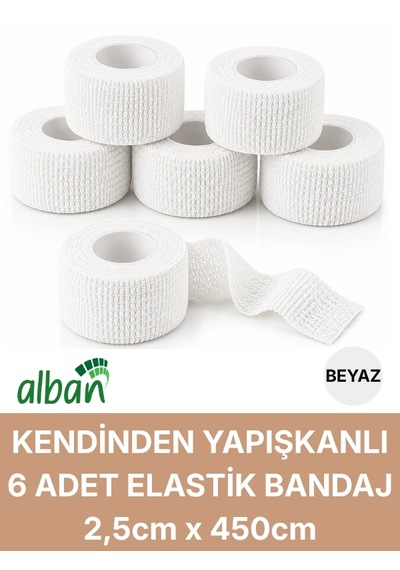 2,5cm 6'lı Set Kendinden Yapışkanlı Elastik Bandaj, Kohesiv Bandaj 2,5cm X 4.5m Spor, Bilek, Ayak Bileği, Veteriner Bandajı Beyaz