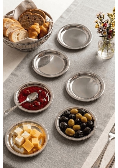 Çelik Mini Tabak- Kahvaltı Tabağı - Meze Tabağı- İkramlık-çerezlik- 11 Cm Çap -6 Adet Gümüş