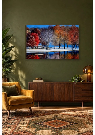 Fida Karla Örtülü Göl Kıyısında Kızıl Ağaçlar Canvas Tablo Çok Renkli