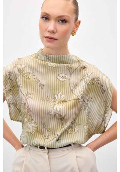 Sateen Kısa Kollu Desenli Bluz - Haki-137038 haki