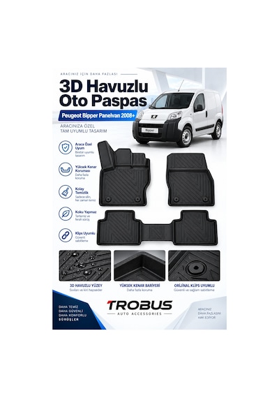 Peugeot Bipper Panelvan 2008 Karbon Desenli Premium 3d Havuzlu Oto Paspas 2 Parça Ön Takım