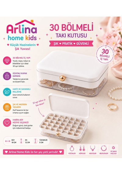30 Bölmeli Beyaztakı Kutusu Düzenleyici Seyahat Çantası Kolye Yüzük Küpe Organizer 18cmx12,5cm Beyaz