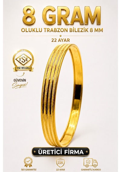 22 Ayar Tse Belgeli 8 Gram Oluklu Trabzon Bilezik 8 Mm Gold Altın Bilezik Düğün Nişan