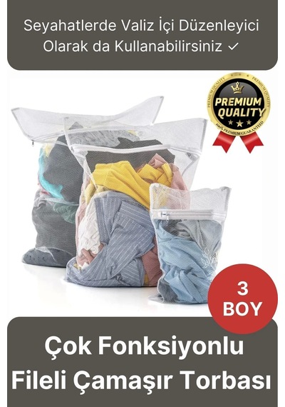 Çok Fonksiyonlu Dayanıklı Yıkama Renkli Fermuarlı Kirli Temiz Sepeti Fileli Çamaşır Torbası 3 Adet Çok Renkli