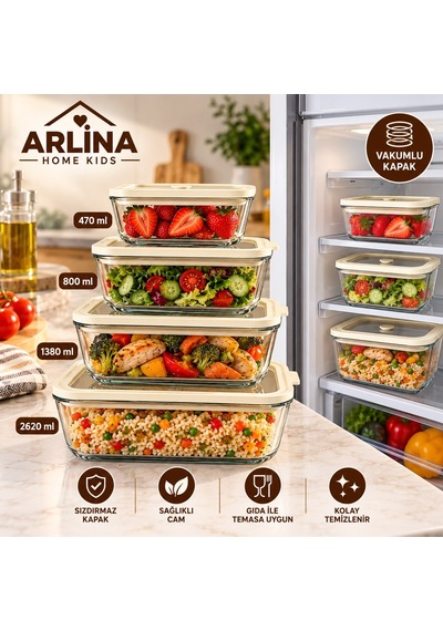 4'lü Vakum Kapaklı Cam Saklama Kabı Seti 470-800-1380-2620 Ml