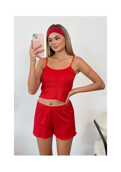 Giysa Kadın Askılı Kaplı Şortlu Pijama Takımı Kırmızı - 3403