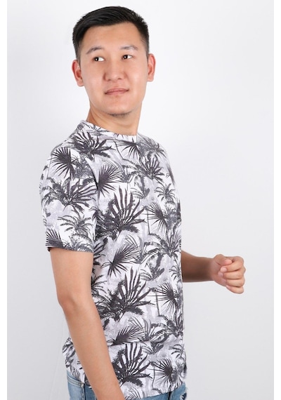 Rich Erkek Bisiklet Yaka Baskılı T-shirt %100 Pamuk Tişört Gri