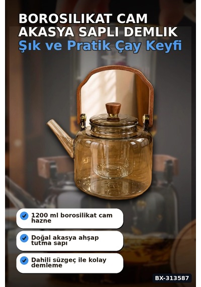 Borosilikat Cam Demlik 1200 Ml Akasya Saplı Süzgeçli Bulaşık Makinesinde Yıkanabilir Bx-313587 Diğer