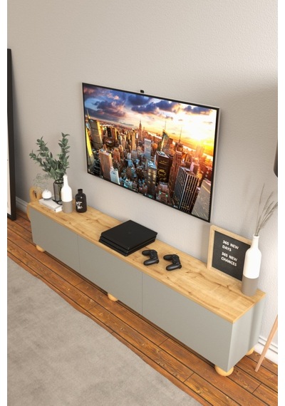 B3 Concept Nort Serisi Koyu Gri & Safir Meşe 3 Kapaklı Tv Ünitesi