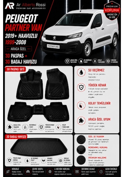 Peugeot Partner Van2019+ Haavuzlu 1999-2008 Araca Özel 3d Paspas + 3d Bagaj Havuzu