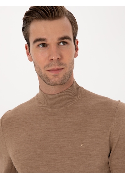 Cacharel Camel Slim Fit Yün Karışımlı Yarım Balıkçı Basic Triko Kazak Kahverengi