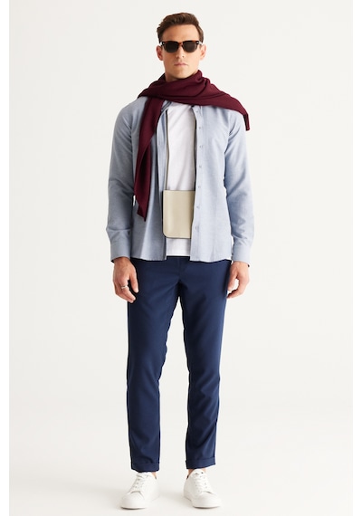 AC&Co / Altınyıldız Classics Erkek Indıgo Slim Fit Dar Kesim Düğmeli Yaka Pamuklu Armürlü Gömlek İndigo