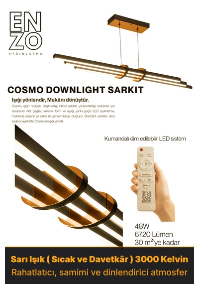 Cosmo Bronz Beyaz Işık Lineer Led Sarkıt Avize Kumandalı Dim Edilebilen Aşağı Işık Sarı Işık
