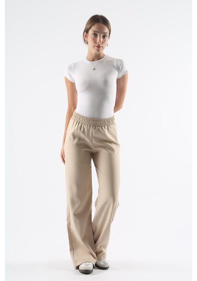 Dokuma Bej Geniş Paça Beli Lastikli Basic Uzun Kadın Pantolon Sh191 S