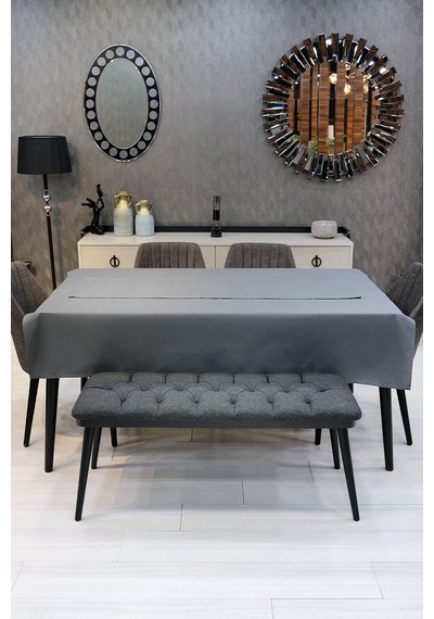 Dream 8 Parça Masa Örtüsü Seti Çeyiz Seti Salon Masa Örtüsü, Runner, 6'lı Peçete Antrasit Gri