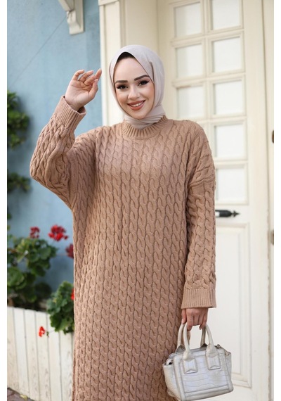 Harman Butik Kadın Örgülü Triko Tesettür Elbise Sütlü Kahve Sütlü Kahve
