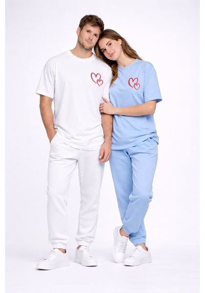 Sevgili Kombini Kalp Baskılı Oversize Çift Tişört Unisex Uyumlu P Mavi