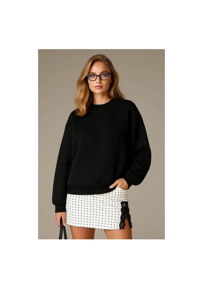 Fashion Friends Oversize Bisiklet Yaka Siyah Kadın Sweatshirt 25k0141k1