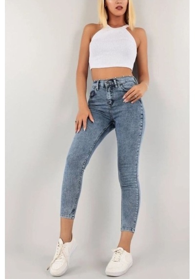 Pena Mavi Kar Yıkama Skinny Jean Kadın Power Likralı Pantolon Mavi