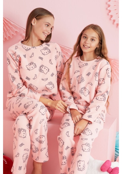 Siyah İnci Lisanslı Polar Çok Renkli Bisklet Yaka Pijama Takım Hk315 Somon