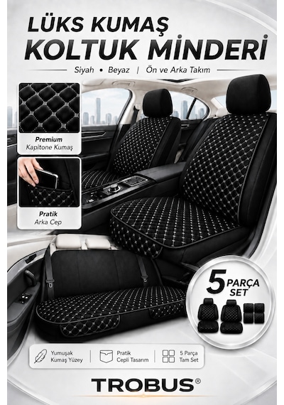 Audi A3 2013-2015 Üniversal 5 Parça Kapitone Desen Kumaş Oto Koltuk Minderi Siyah Beyaz