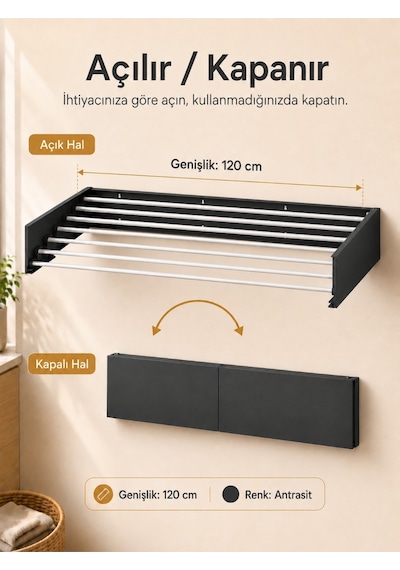 Çamaşır Kurutma Askısı Katlanır Duvara Monte Balkon Banyo Askılık Duvar Tipi Yer Tasarruflu Çamaşırlık 120 Cm Belize Antrasit