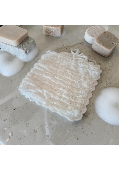 El Yapımı Beyaz Orlon Püsküllü Eldiven Banyo Lifi