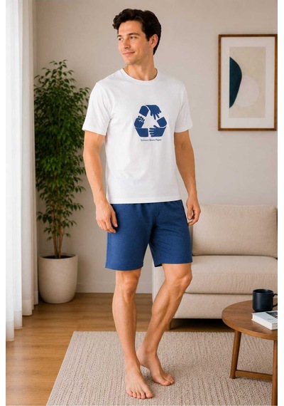 Tenra Erkek Kısa Kollu Şortlu Baskılı %100 Pamuk Pijama Takımı Ev Giyim Beyaz